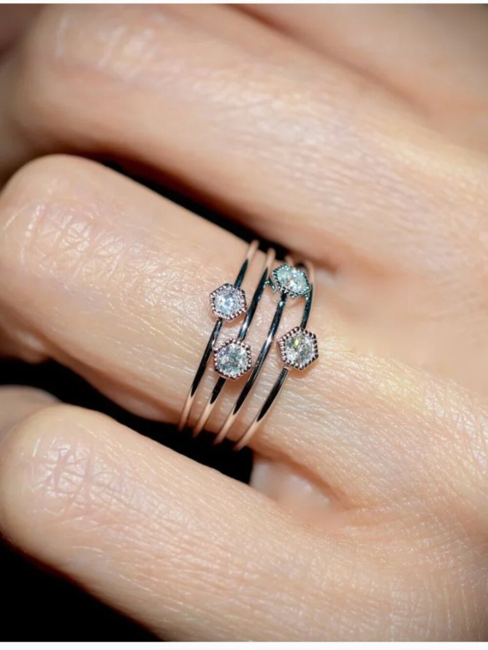 18K White Gold Hexagonal Diamond Petite Solitaire Stack Ring - Picture 4 of 5